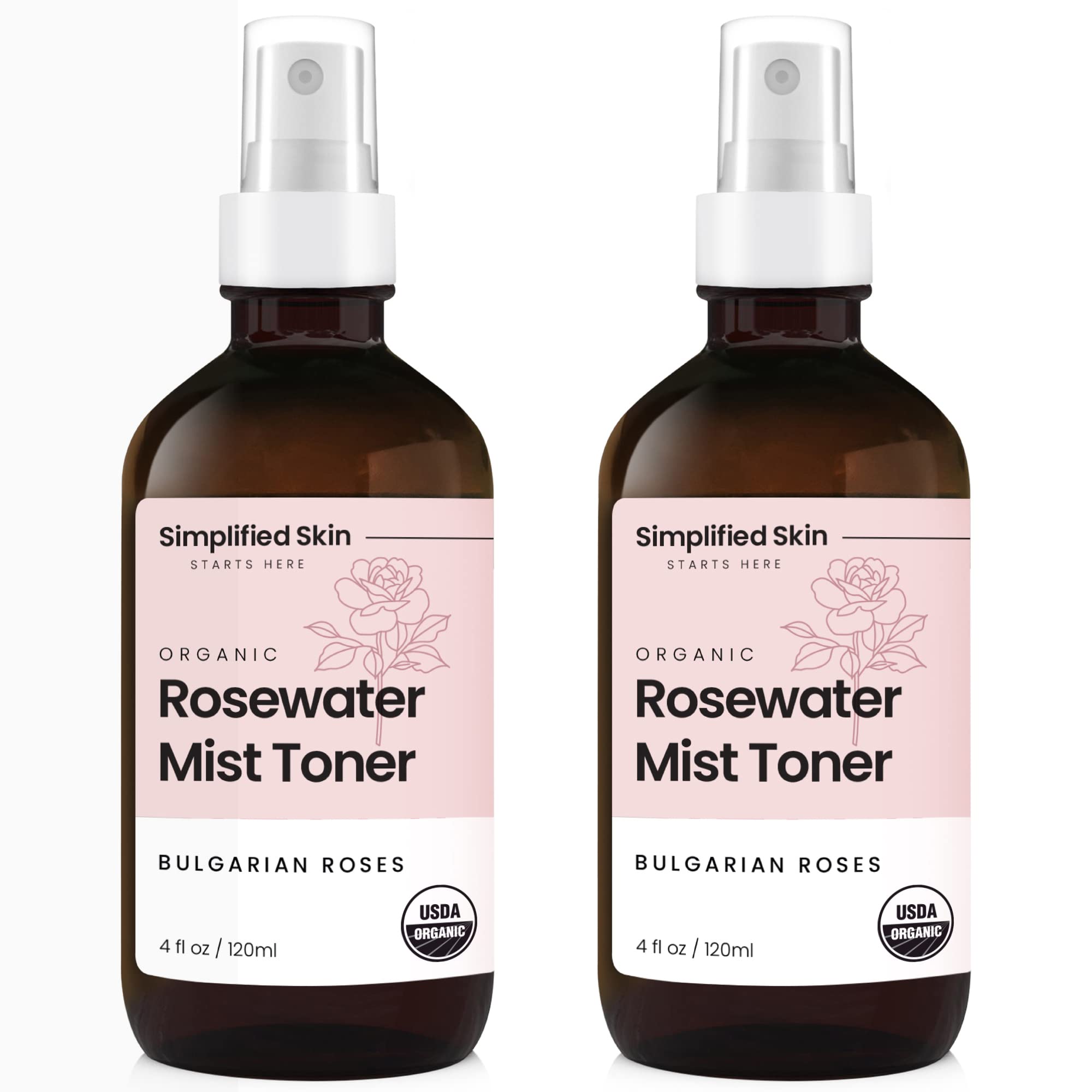 Rose Water Spray for Face & Hair – USDA Organic Rosewater Toner – Simplified Skin, 4 Oz (2 Pack)