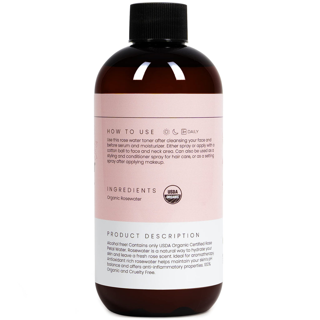 Rose Water Spray for Face & Hair (Refill) – Organic USDA Rosewater Toner, Alcohol-Free Hydrating Mist, 8 oz