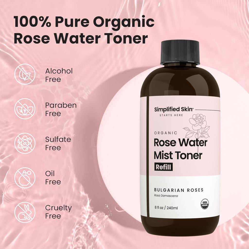 Rose Water Spray for Face & Hair (Refill) – Organic USDA Rosewater Toner, Alcohol-Free Hydrating Mist, 8 oz