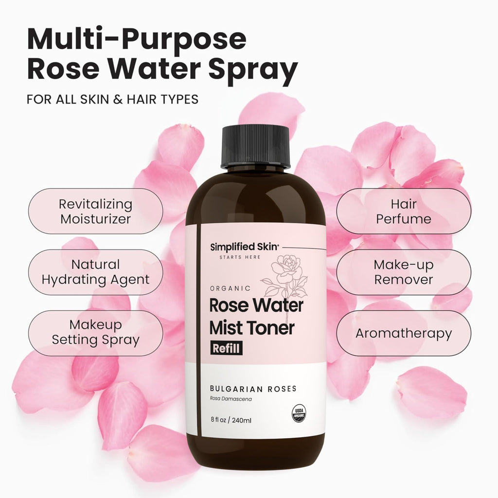 Rose Water Spray for Face & Hair (Refill) – Organic USDA Rosewater Toner, Alcohol-Free Hydrating Mist, 8 oz