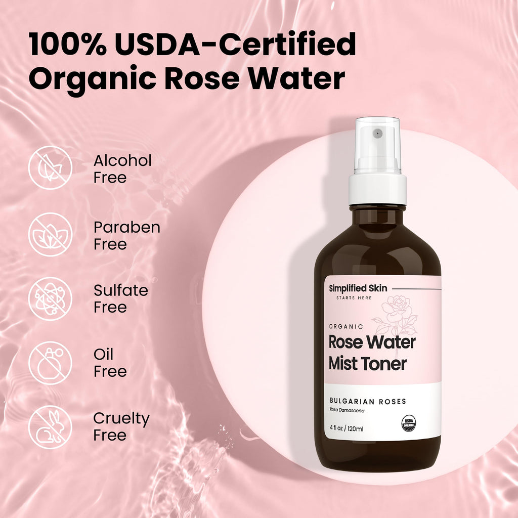 Rose Water Spray for Face & Hair – USDA Organic Rosewater Toner by Simplified Skin (4 oz, 3 Pack)