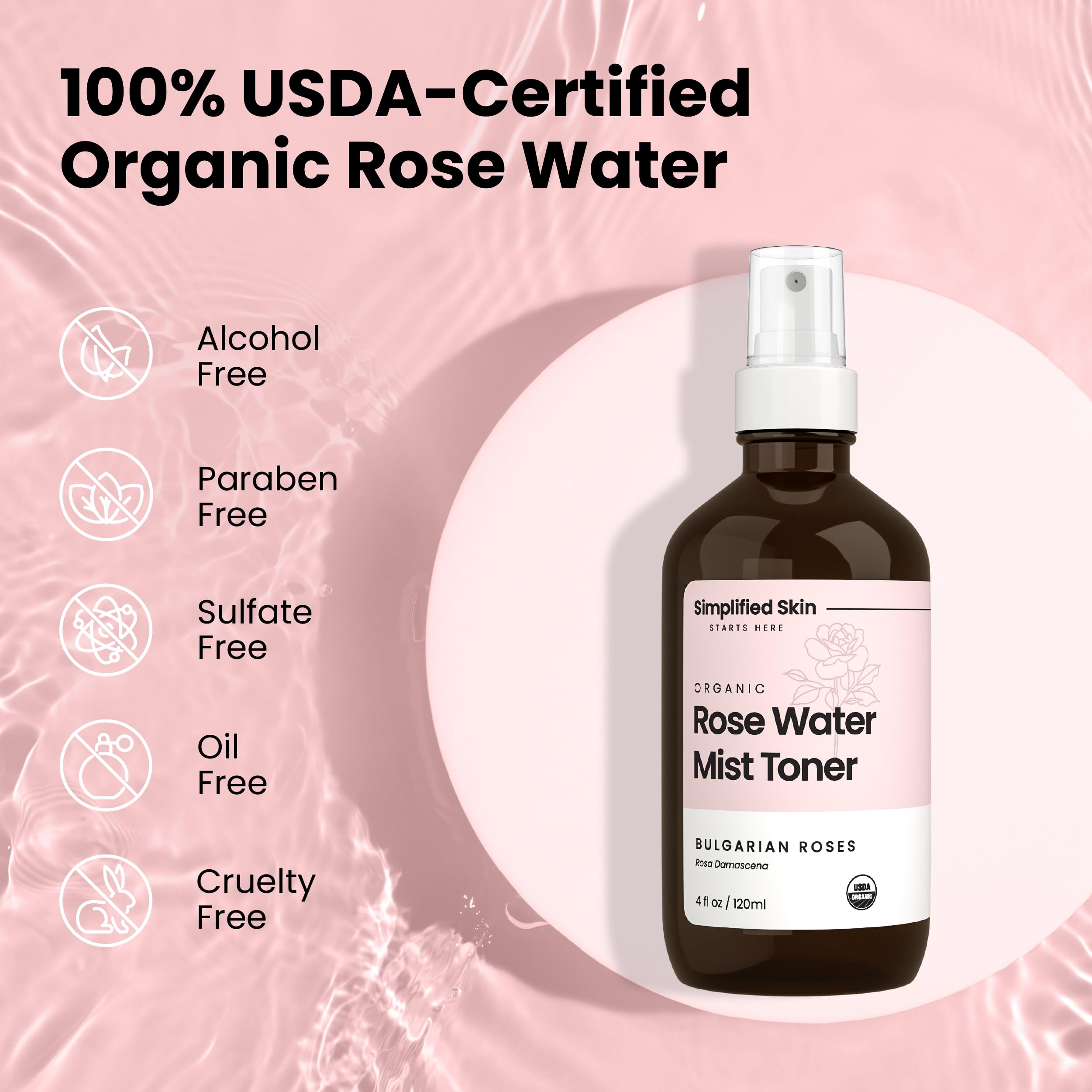 Rose Water Spray for Face & Hair – USDA Organic Rosewater Toner by Simplified Skin (4 oz, 3 Pack)