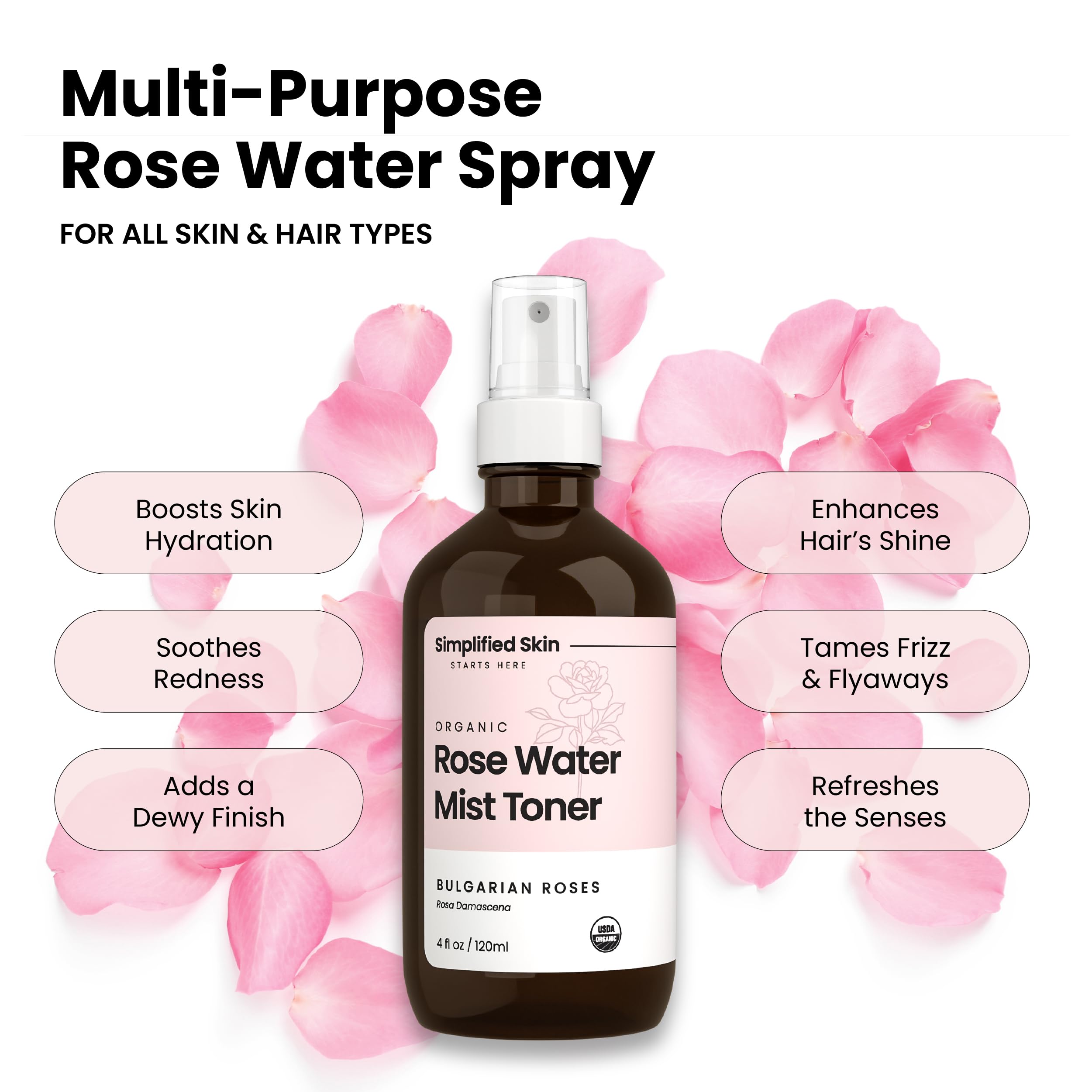 Rose Water Spray for Face & Hair – USDA Organic Rosewater Toner by Simplified Skin (4 oz, 3 Pack)