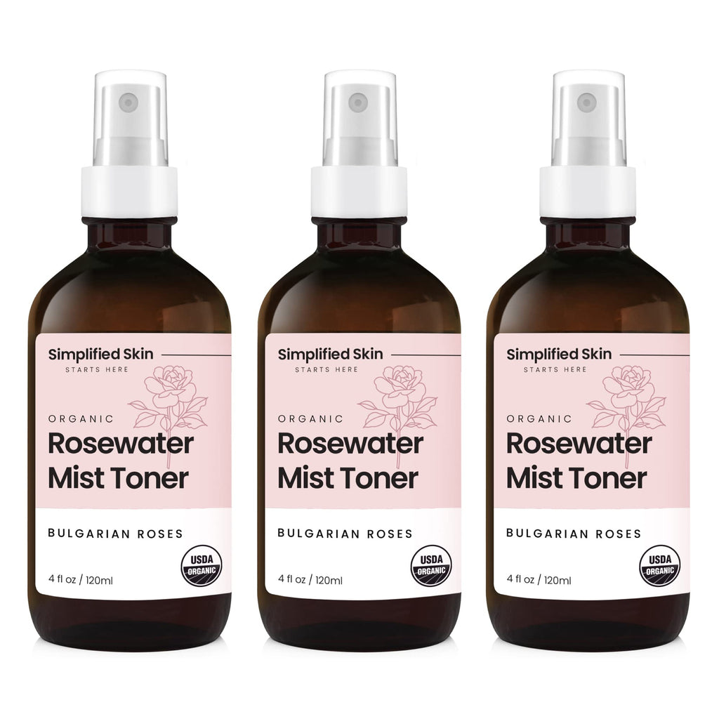 Rose Water Spray for Face & Hair – USDA Organic Rosewater Toner by Simplified Skin (4 oz, 3 Pack)