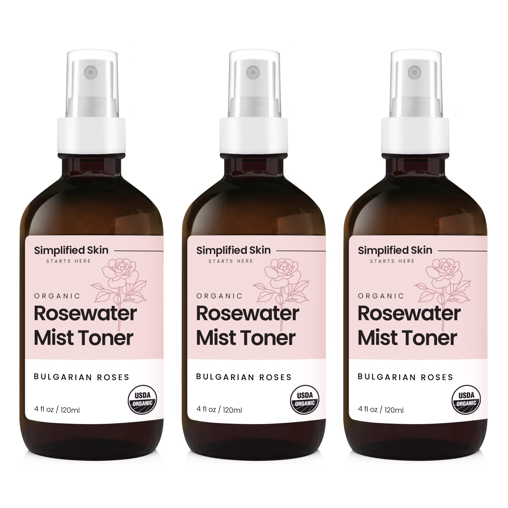Rose Water Spray for Face & Hair – USDA Organic Rosewater Toner by Simplified Skin (4 oz, 3 Pack)