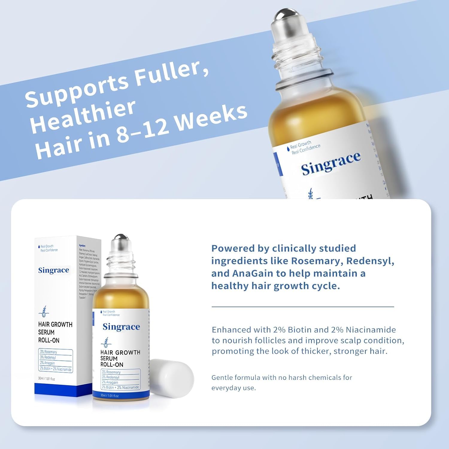 Hair Growth Serum for Thinning Hair | Singrace Biotin Roll-On – Fast Absorbing, No Rinse (30ml)