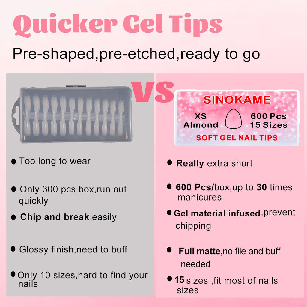 SINOKAME Extra Short Almond Nail Tips – No-File Gel Extensions, 600 Pcs, 12 Sizes