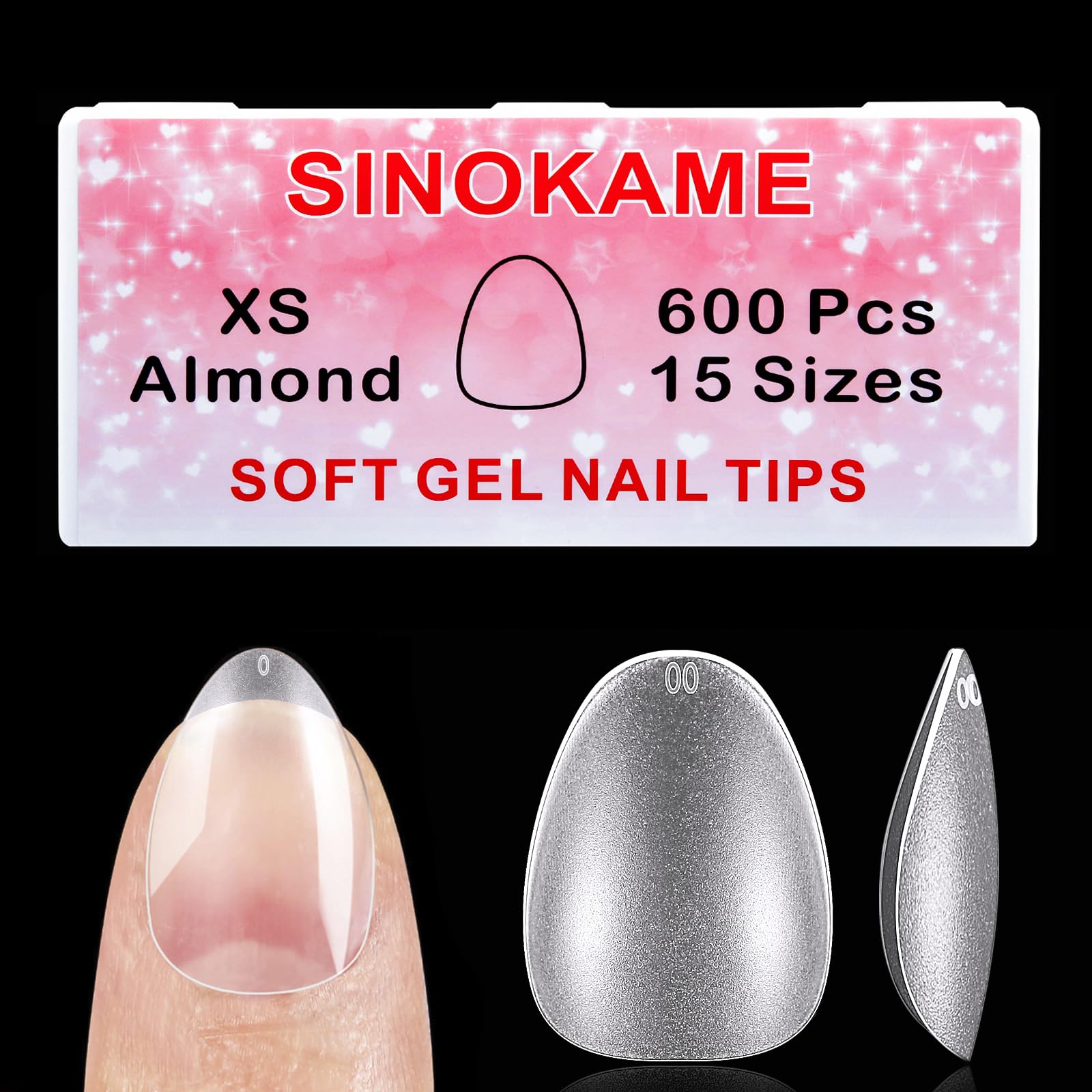 SINOKAME Extra Short Almond Nail Tips – No-File Gel Extensions, 600 Pcs, 12 Sizes