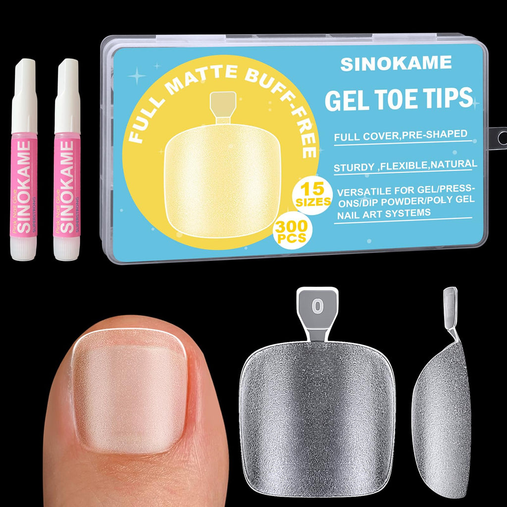SINOKAME Clear Press-On Toenails Kit — 15 Sizes, 300 Pcs, Full Cover Matte Gel Tips