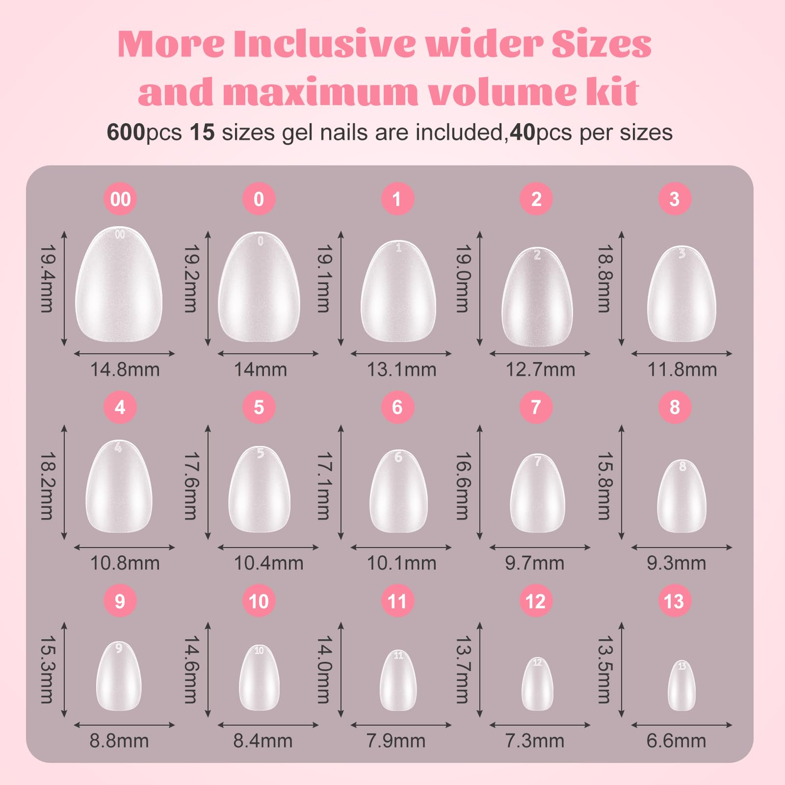 SINOKAME Extra Short Almond Nail Tips – No-File Gel Extensions, 600 Pcs, 12 Sizes