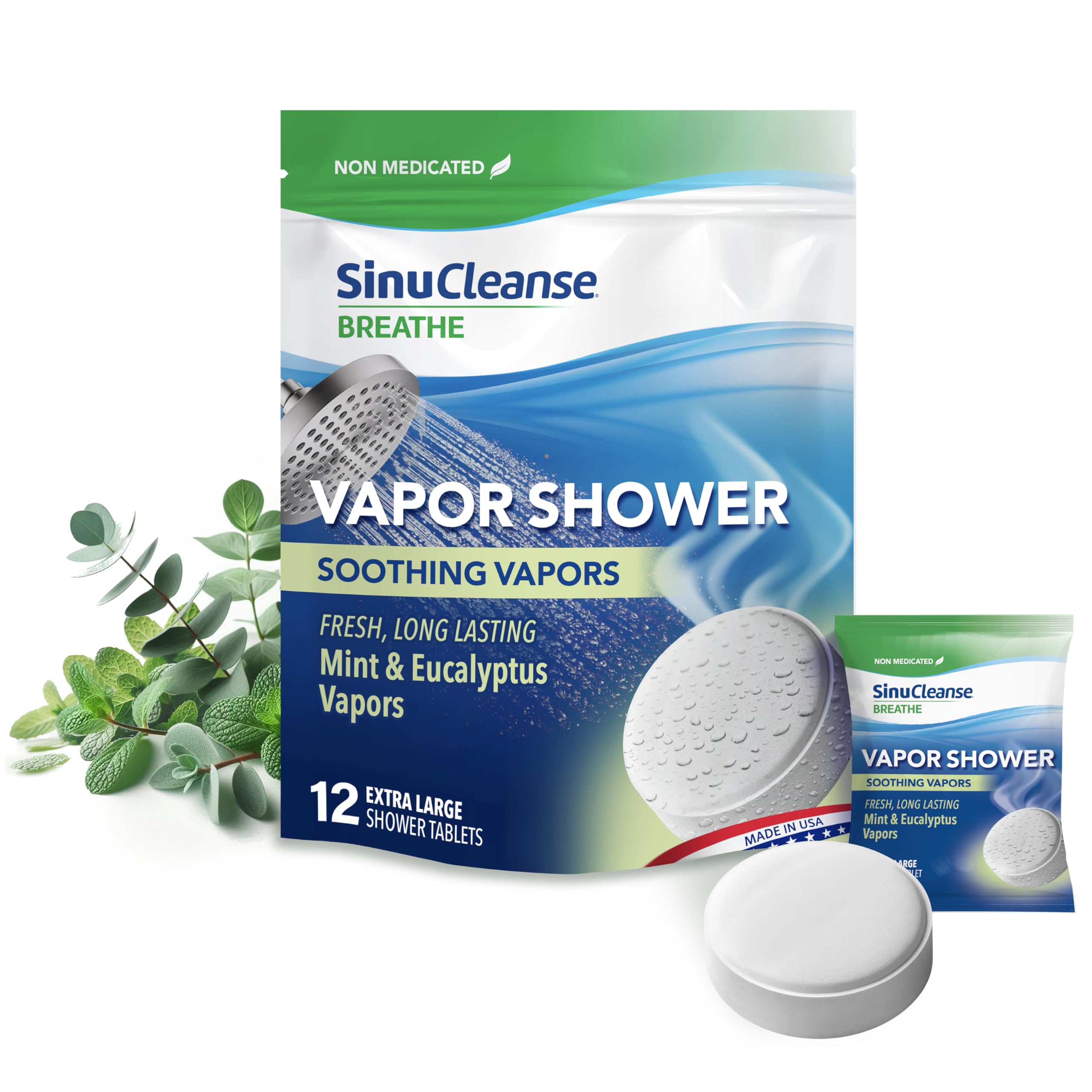 SinuCleanse Vapor Shower Steamer Tablets – Eucalyptus & Mint, 12 Extra Large Tablets, Made in USA