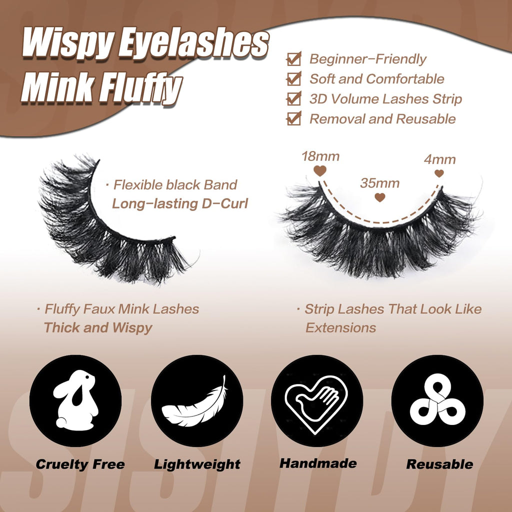 SISIYDY Fluffy Mink Lashes Wispy 3D - 18mm D-Curl Cat-Eye, 14 Pairs YH207