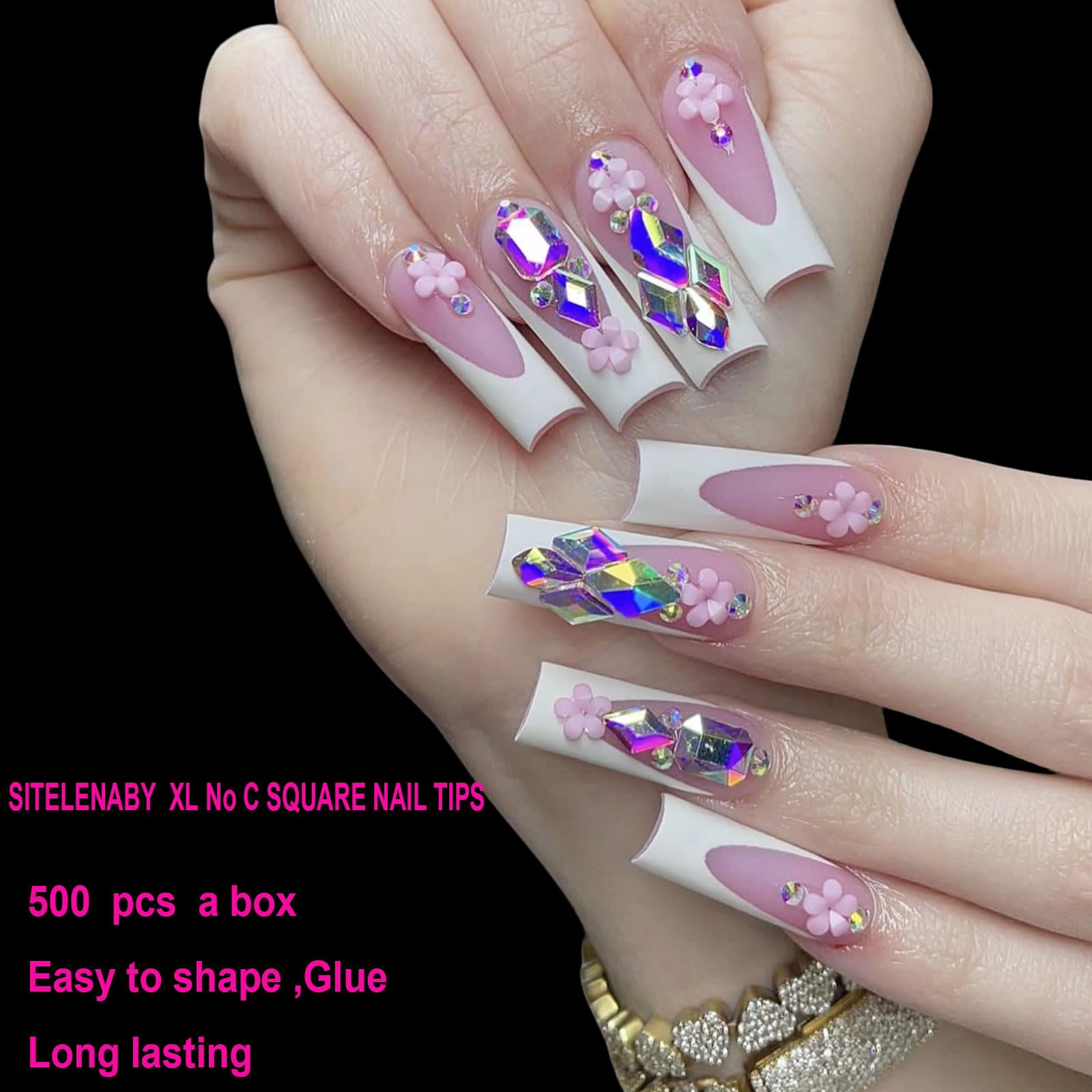 SITELENABY No C Curve XL Nail Tips 500PCS – Square, Flat Half-Cover ABS