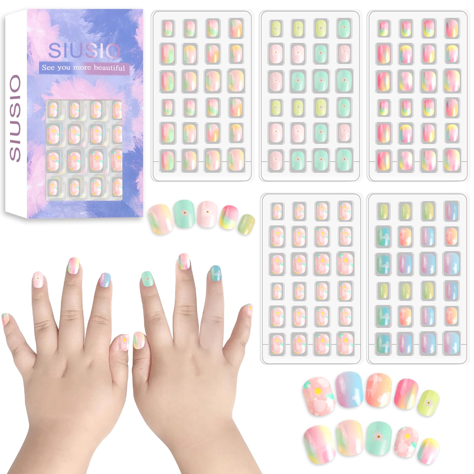 SIUSIO Gradient Paradise Kids Press-On Nails – 120Pcs, 5 Pack, Pre-glue Short Rainbow Nails