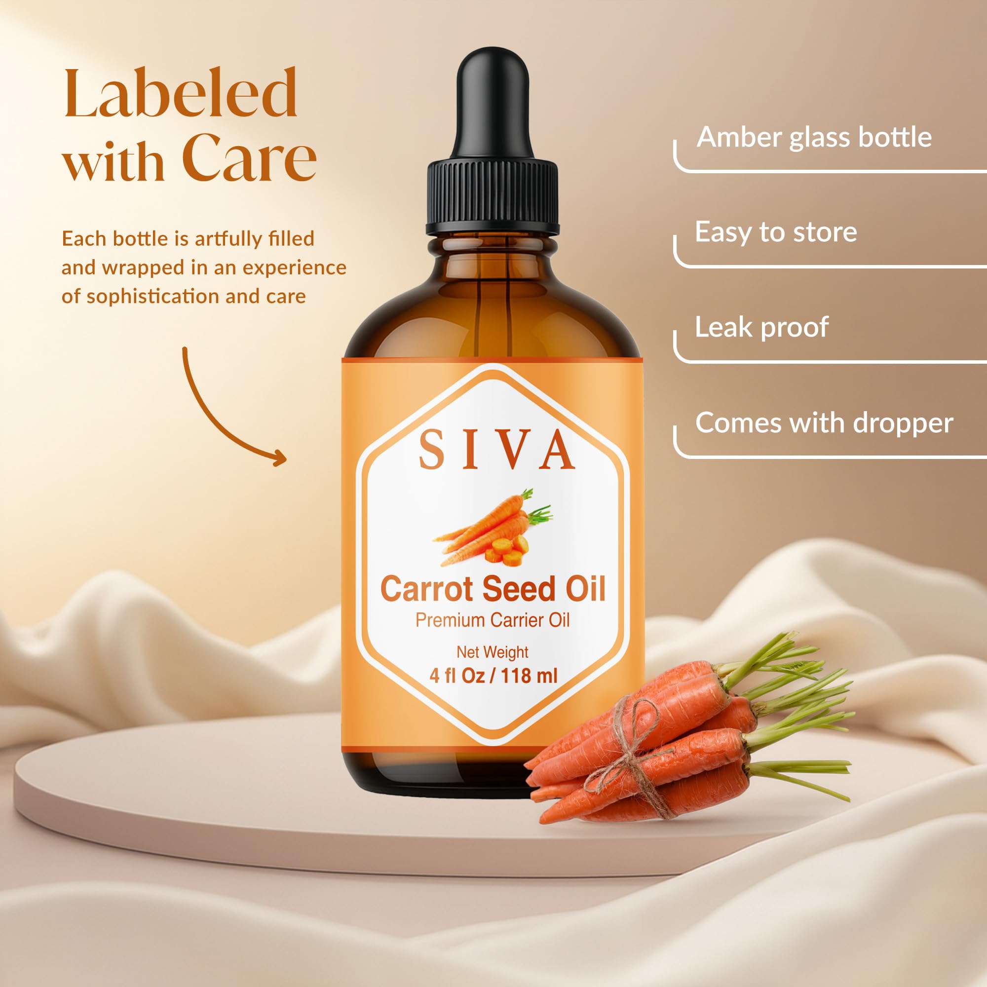 SIVA Carrot Seed Oil 4oz – Premium Cold-Pressed Carrier Oil for Face, Skin & Hair