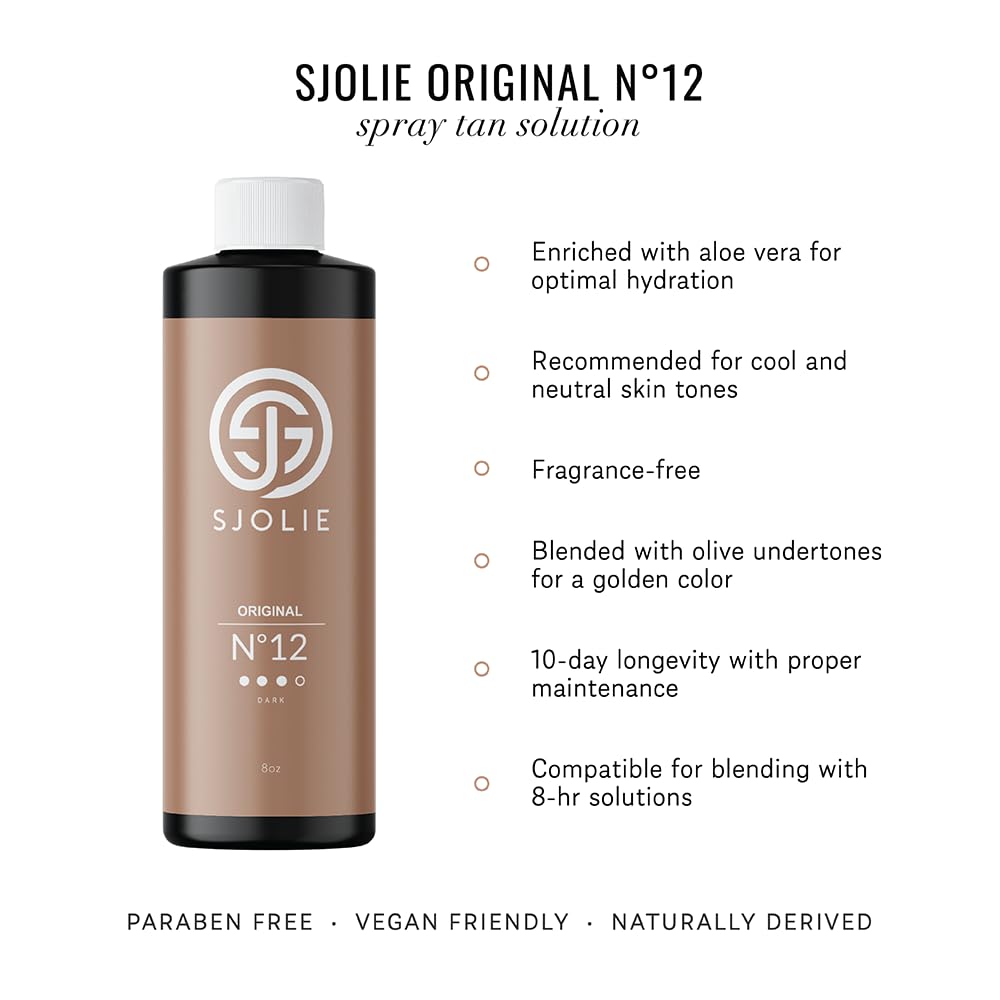 SJOLIE Spray Tan Solution No. 12 – Dark Hydrating Tanning Spray | All-Natural Sunless Tanner 8oz