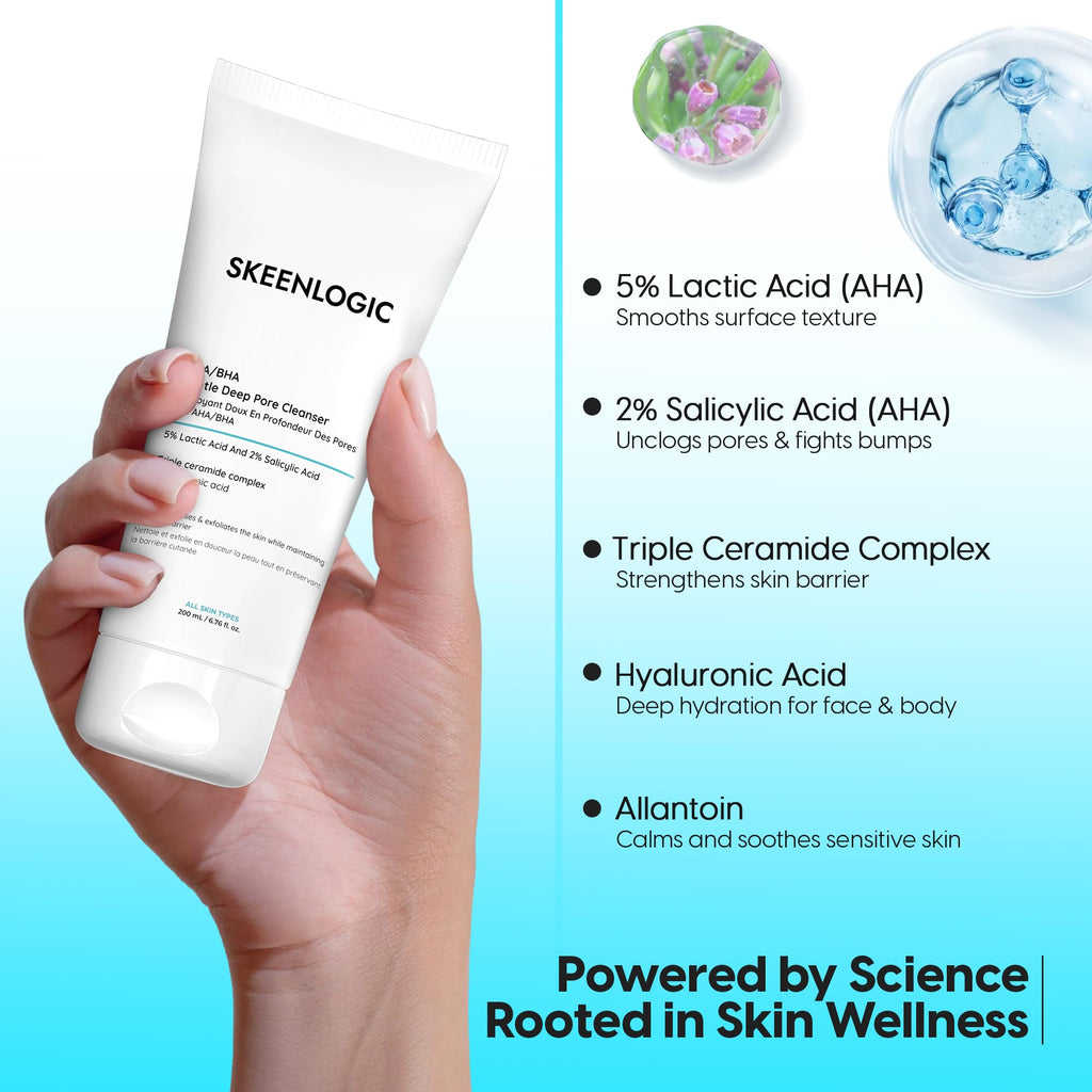 Skeenlogic 2% Salicylic Acid + 5% Lactic Acid Face & Body Wash – Gentle Exfoliating Cleanser with Ceramides (200ml)