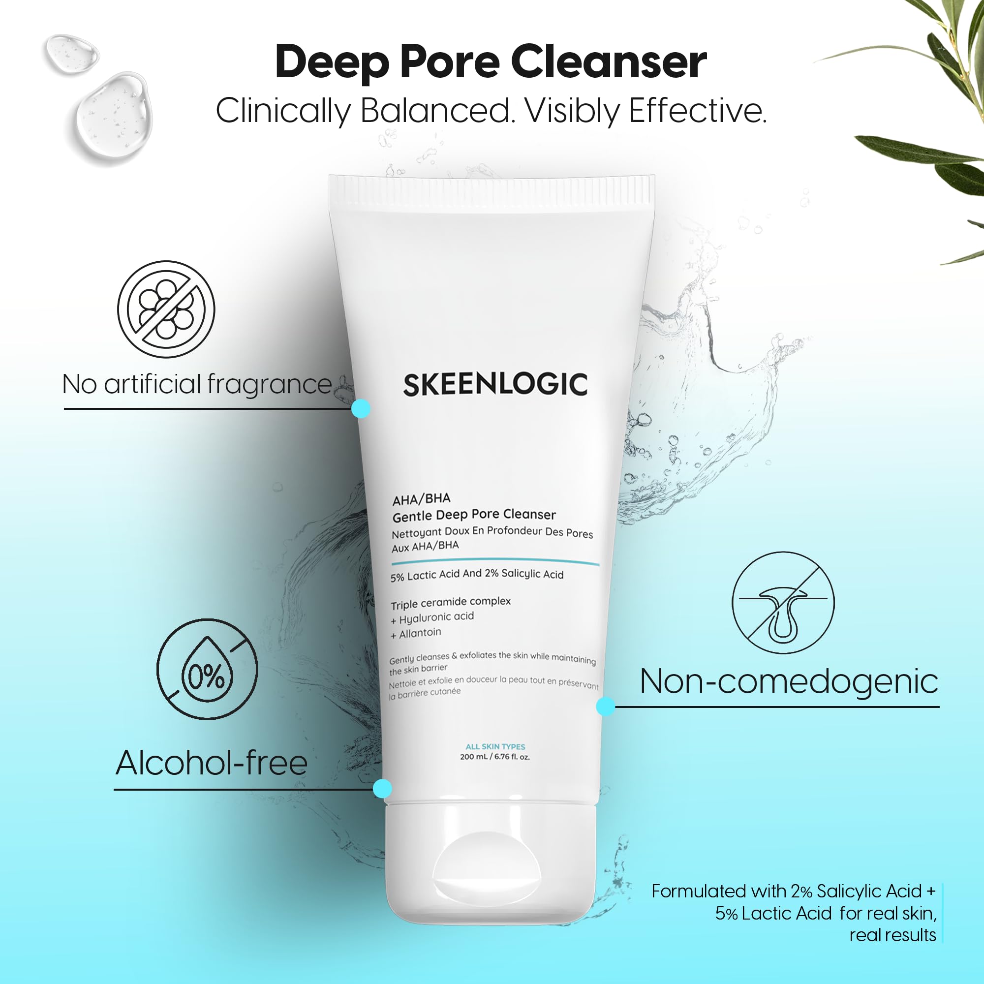 Skeenlogic 2% Salicylic Acid + 5% Lactic Acid Face & Body Wash – Gentle Exfoliating Cleanser with Ceramides (200ml)