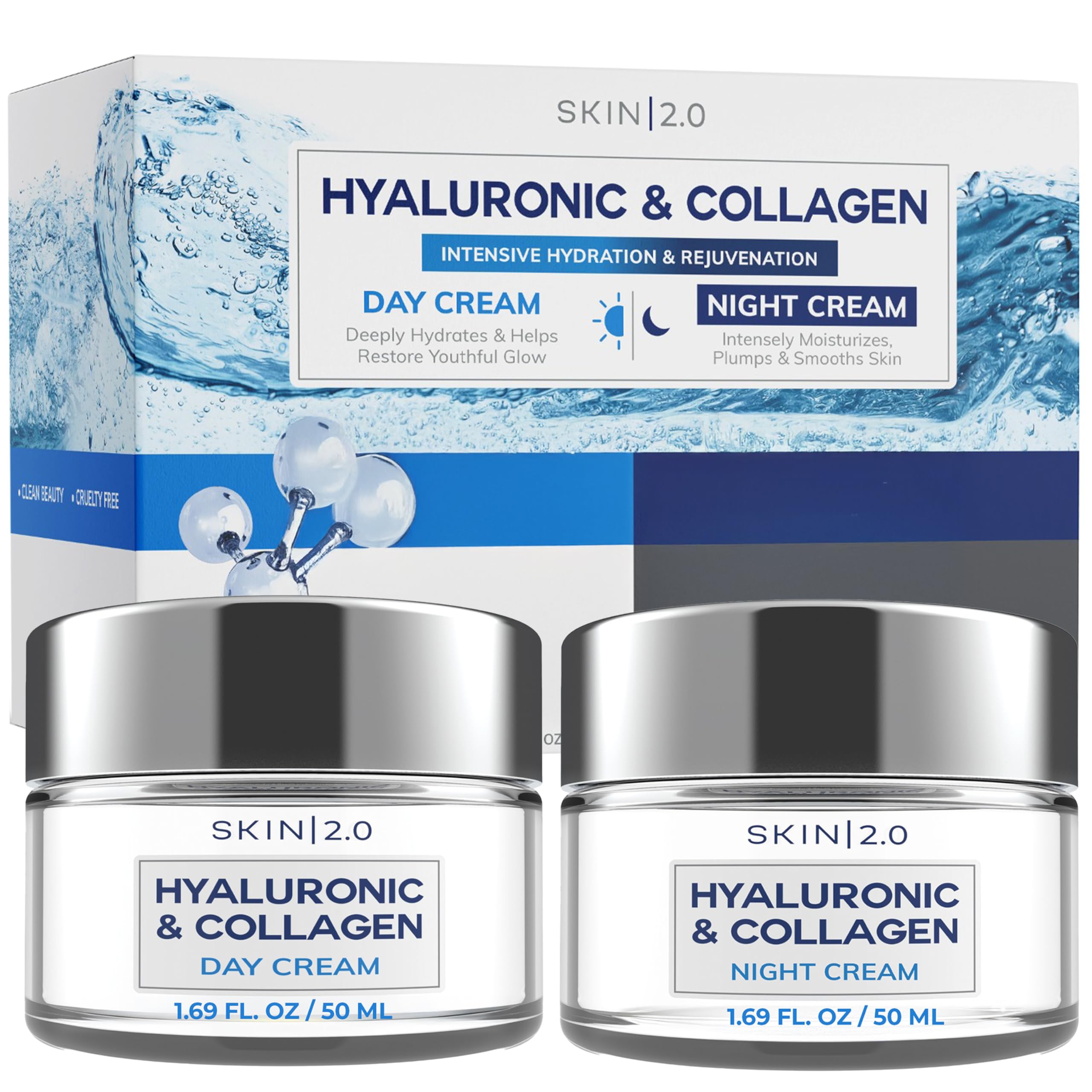 Skin 2.0 Hyaluronic Acid & Collagen Face Moisturizer – Deep Hydration & Firming Day & Night Duo