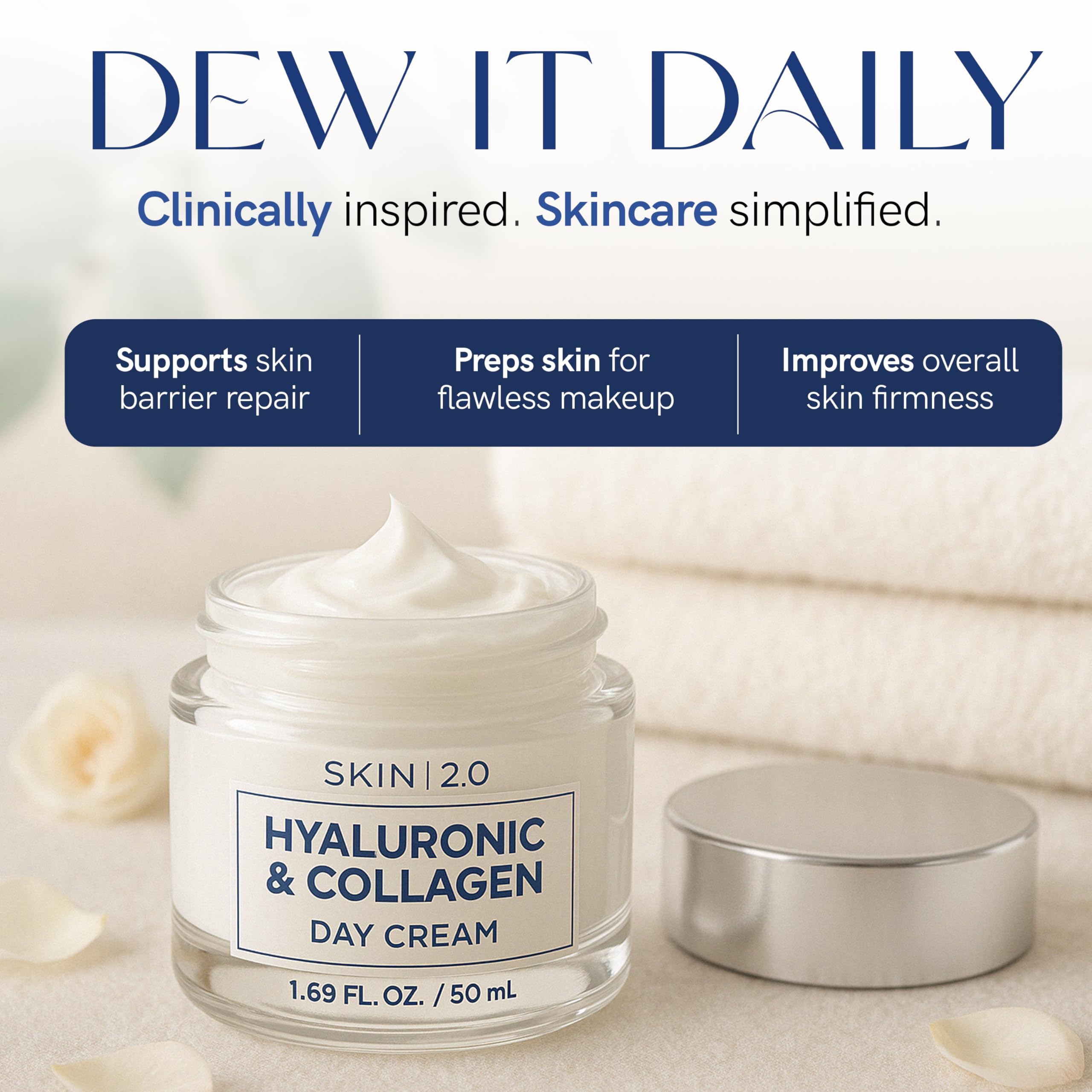 Skin 2.0 Hyaluronic Acid & Collagen Moisturizer – Deep Hydration, Firming & Anti-Aging Day Cream (Korean Clean Beauty) – 1.69 oz