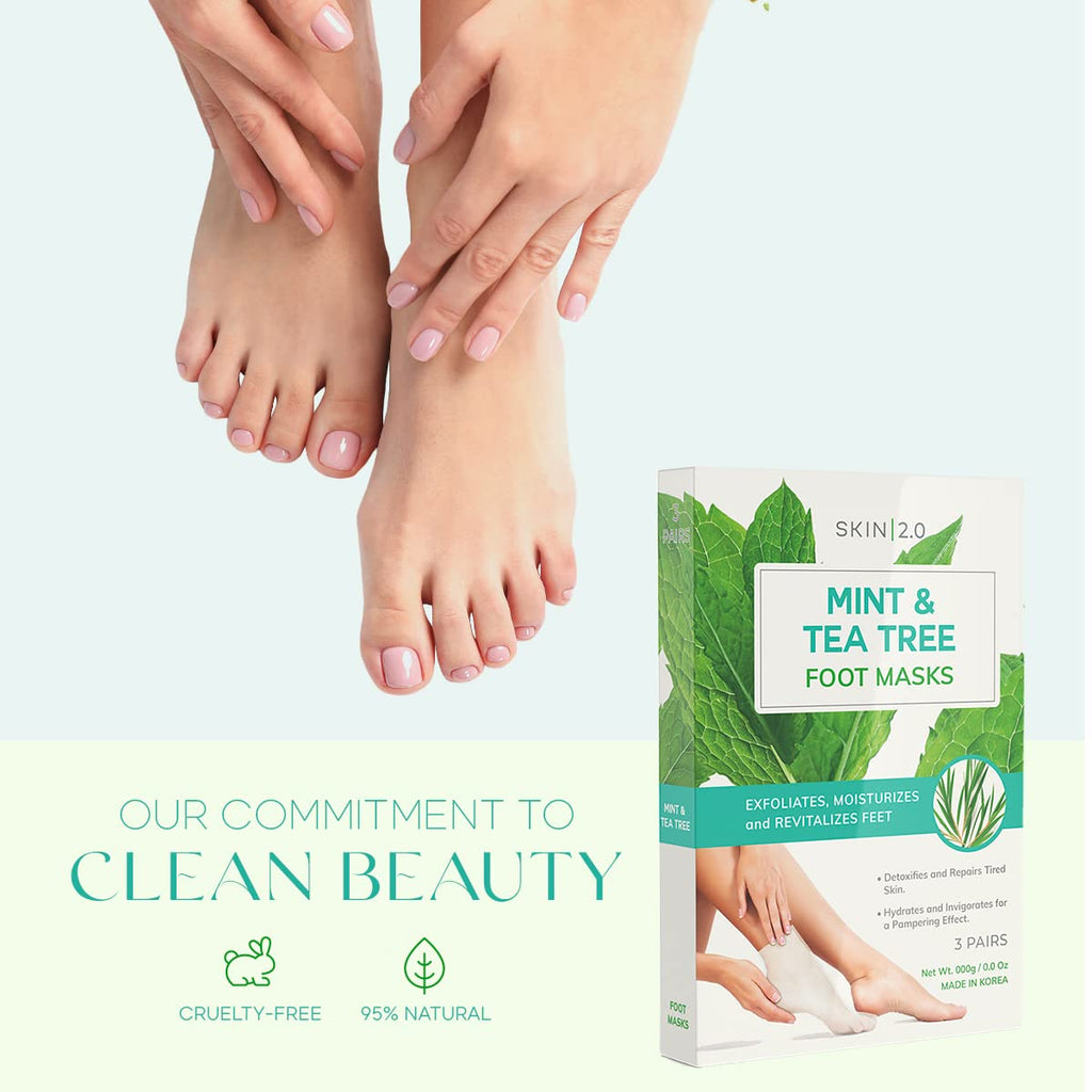 Skin 2.0 Tea Tree & Mint Foot Masks – Cooling Hydration & Gentle Exfoliation (Korean Skincare) – 3 Pairs