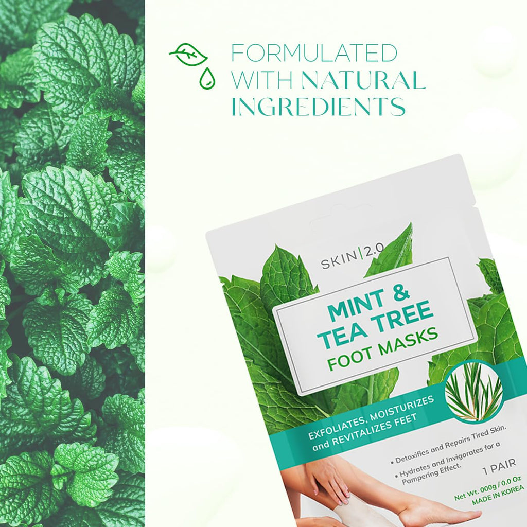 Skin 2.0 Tea Tree & Mint Foot Masks – Cooling Hydration & Gentle Exfoliation (Korean Skincare) – 3 Pairs