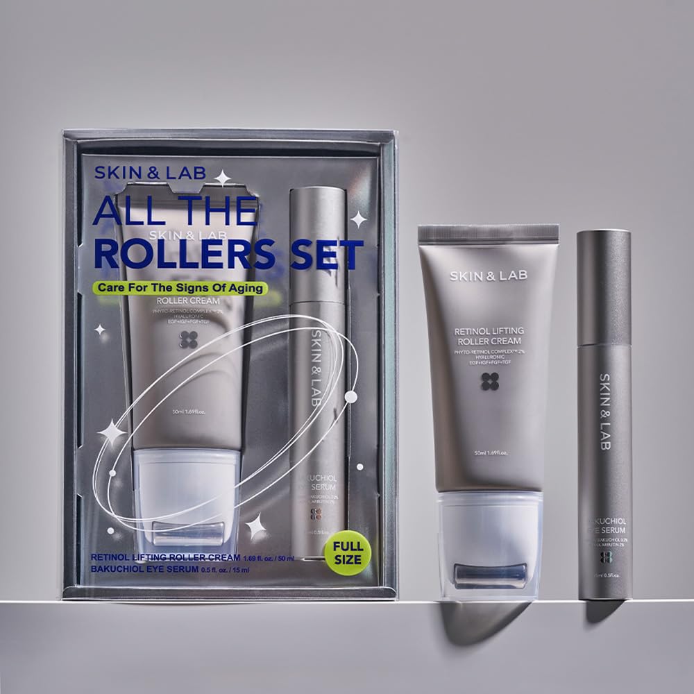 SKIN&LAB Anti-aging Rollers Duo Set – Bakuchiol Eye Serum & Retinol Lifting Roller | Korean Vegan Gift Set