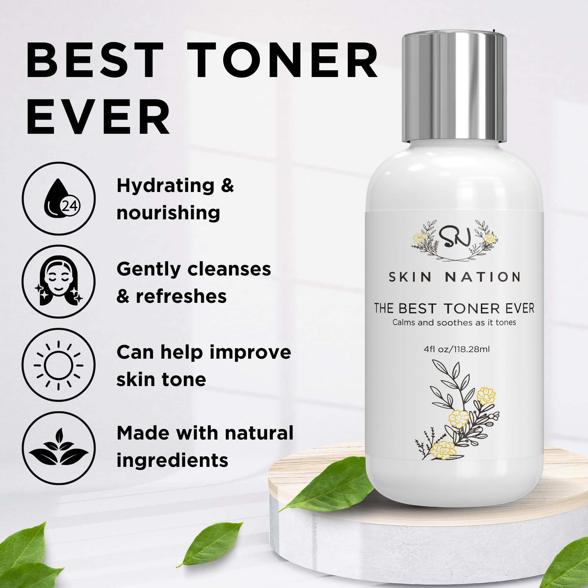 Skin Nation Hydrating Rosewater Toner – Alcohol-Free, Aloe & Chamomile, All Skin Types | 4 fl oz