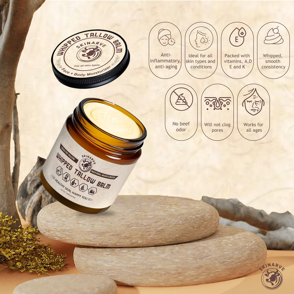 SKINARVE Beef Tallow for Skin – 4oz Unscented, Organic Grass-Fed Whipped Tallow with Honey Balm
