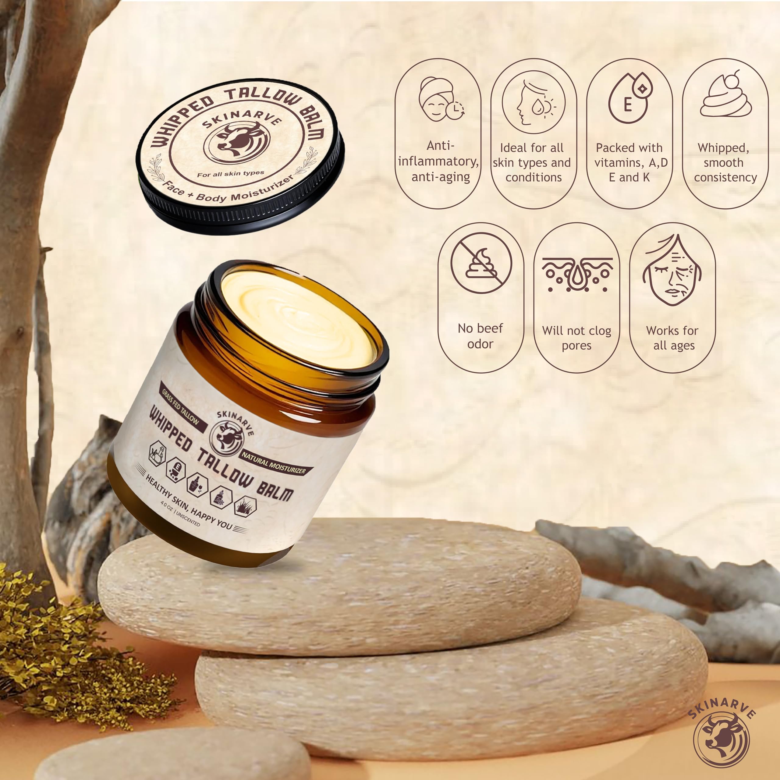 SKINARVE Beef Tallow for Skin – 4oz Unscented, Organic Grass-Fed Whipped Tallow with Honey Balm