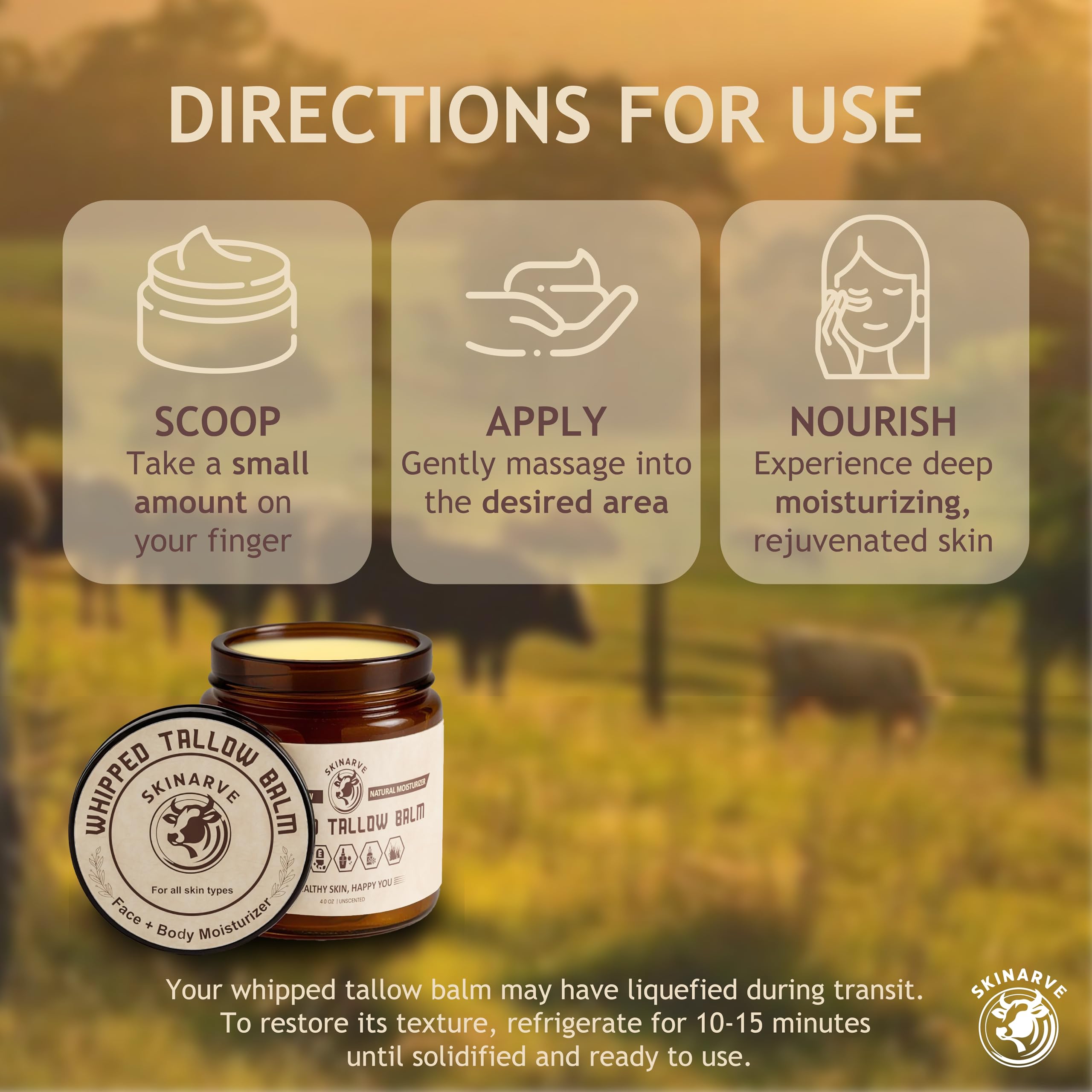 SKINARVE Beef Tallow for Skin – 4oz Unscented, Organic Grass-Fed Whipped Tallow with Honey Balm