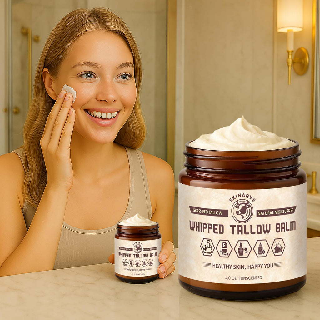SKINARVE Beef Tallow for Skin – 4oz Unscented, Organic Grass-Fed Whipped Tallow with Honey Balm