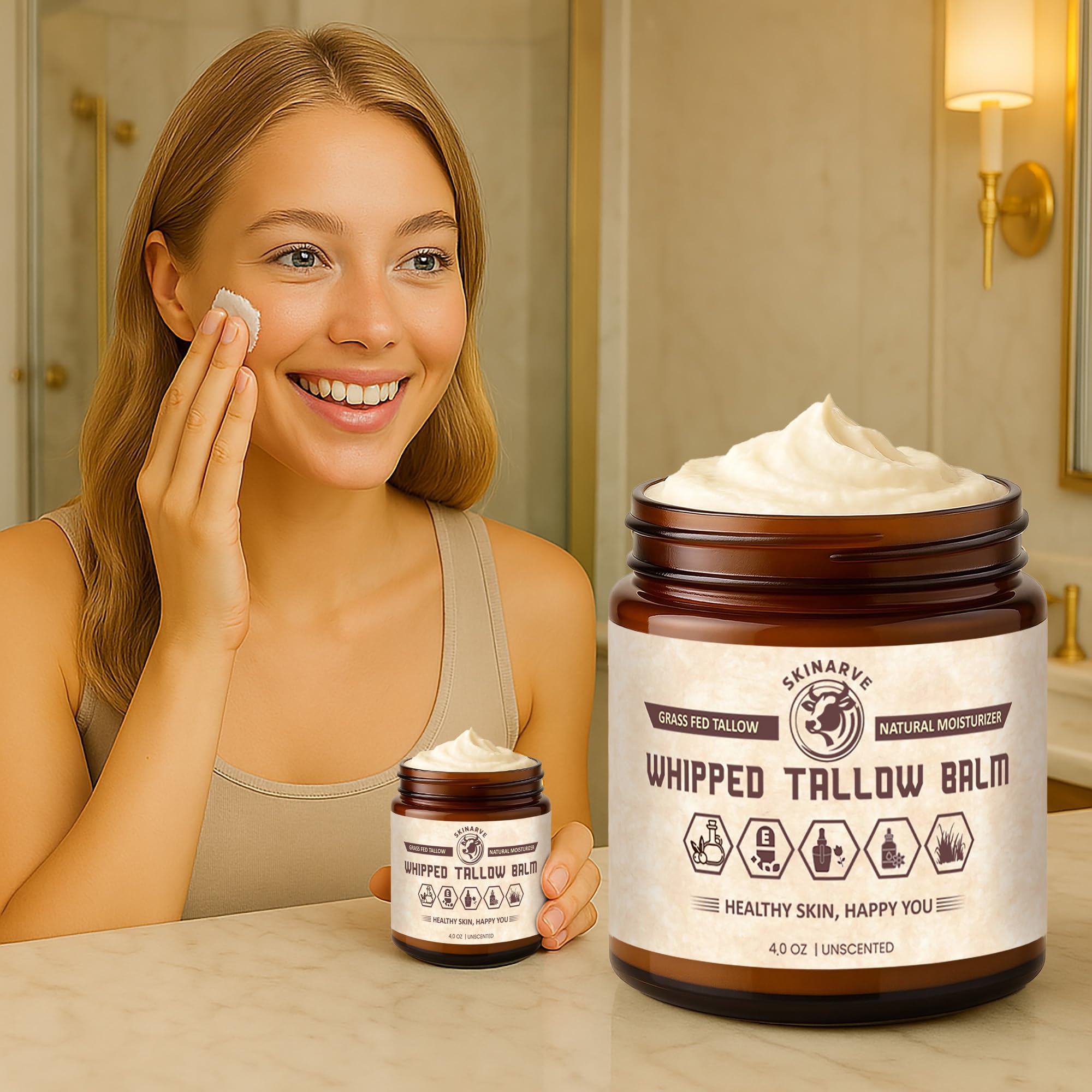 SKINARVE Beef Tallow for Skin – 4oz Unscented, Organic Grass-Fed Whipped Tallow with Honey Balm