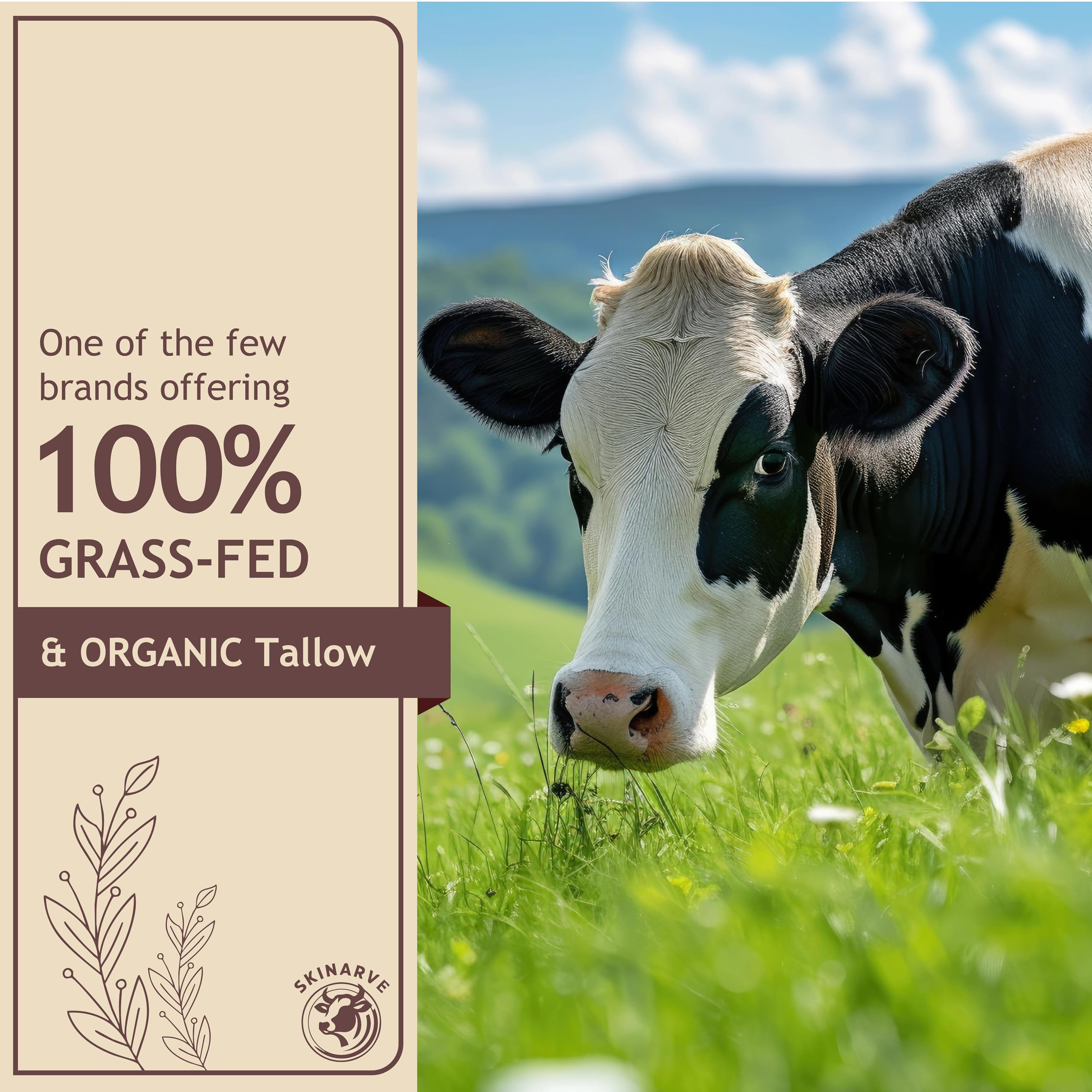 SKINARVE Beef Tallow for Skin – 4oz Unscented, Organic Grass-Fed Whipped Tallow with Honey Balm