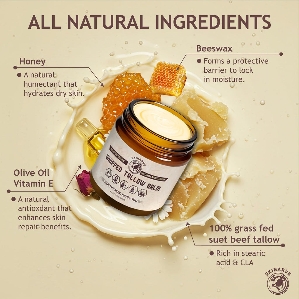 SKINARVE Beef Tallow for Skin – 4oz Unscented, Organic Grass-Fed Whipped Tallow with Honey Balm