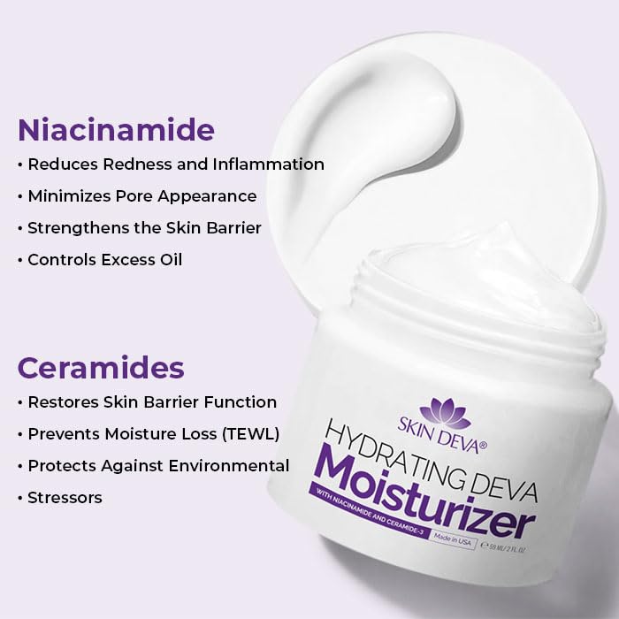 SKIN DEVA 2 oz Hydrating Moisturizer with Niacinamide & Ceramide – Oil-Free Daily Face Cream