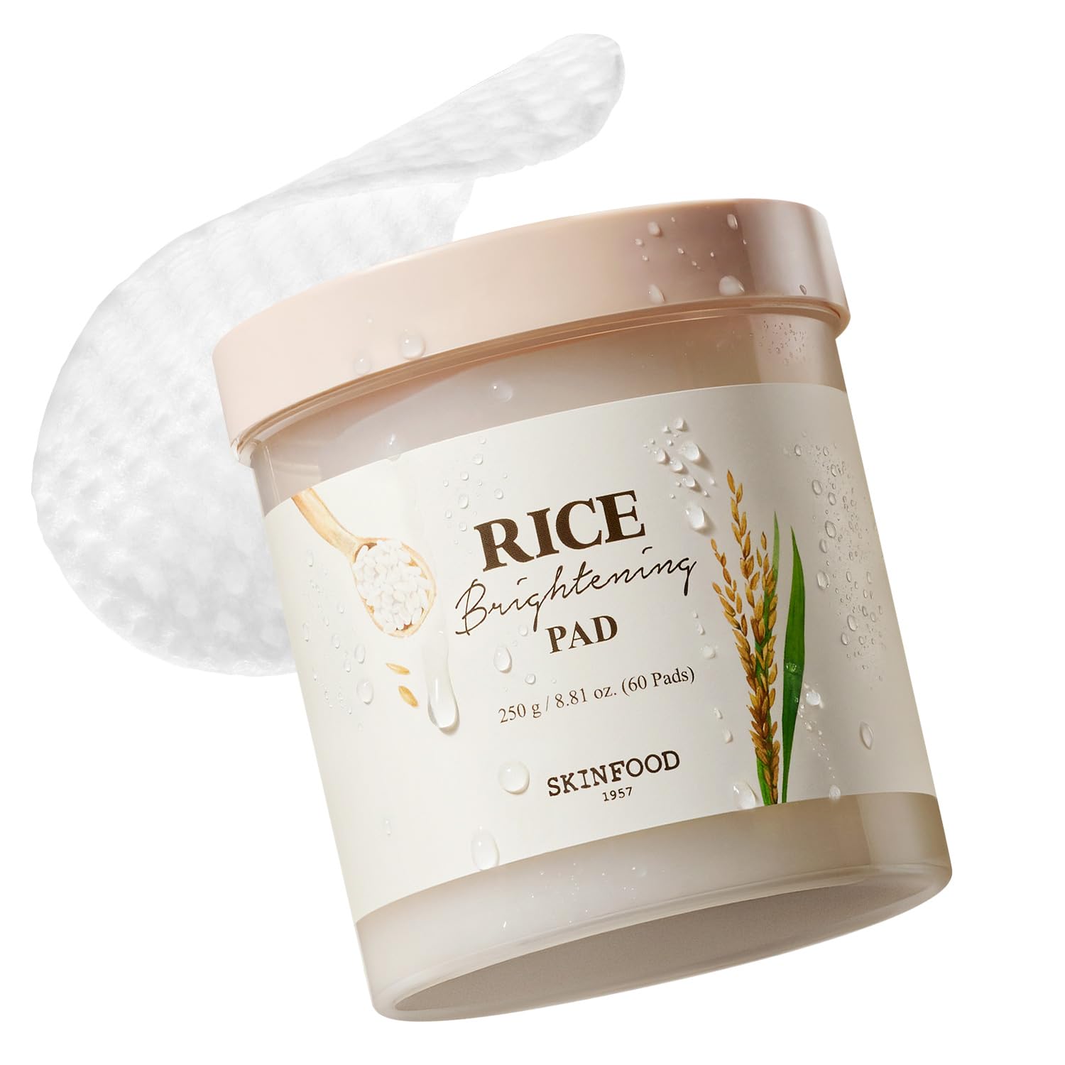 SKINFOOD 1957 Rice Brightening Toner Pad – Glass Skin Glow, Hydration, 60 Pads