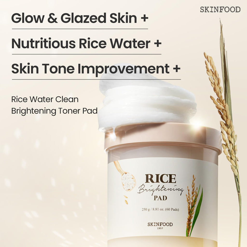 SKINFOOD 1957 Rice Brightening Toner Pad – Glass Skin Glow, Hydration, 60 Pads