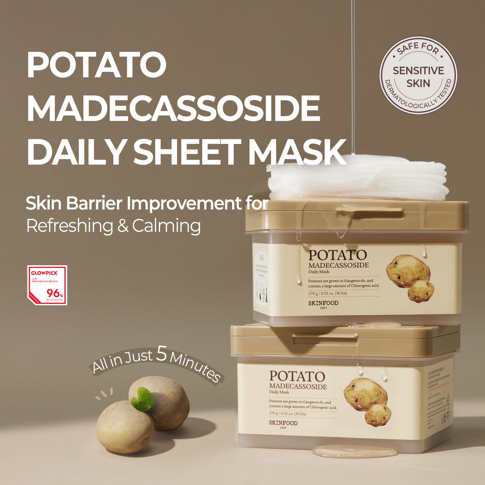 SKINFOOD Potato Madecassoside Daily Sheet Mask | Soothing Hydration, 30ea Bulk Pack