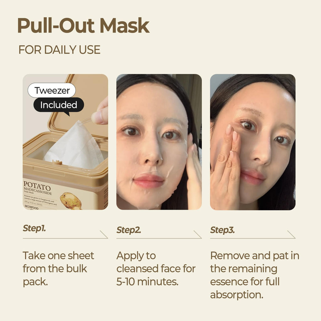 SKINFOOD Potato Madecassoside Daily Sheet Mask | Soothing Hydration, 30ea Bulk Pack