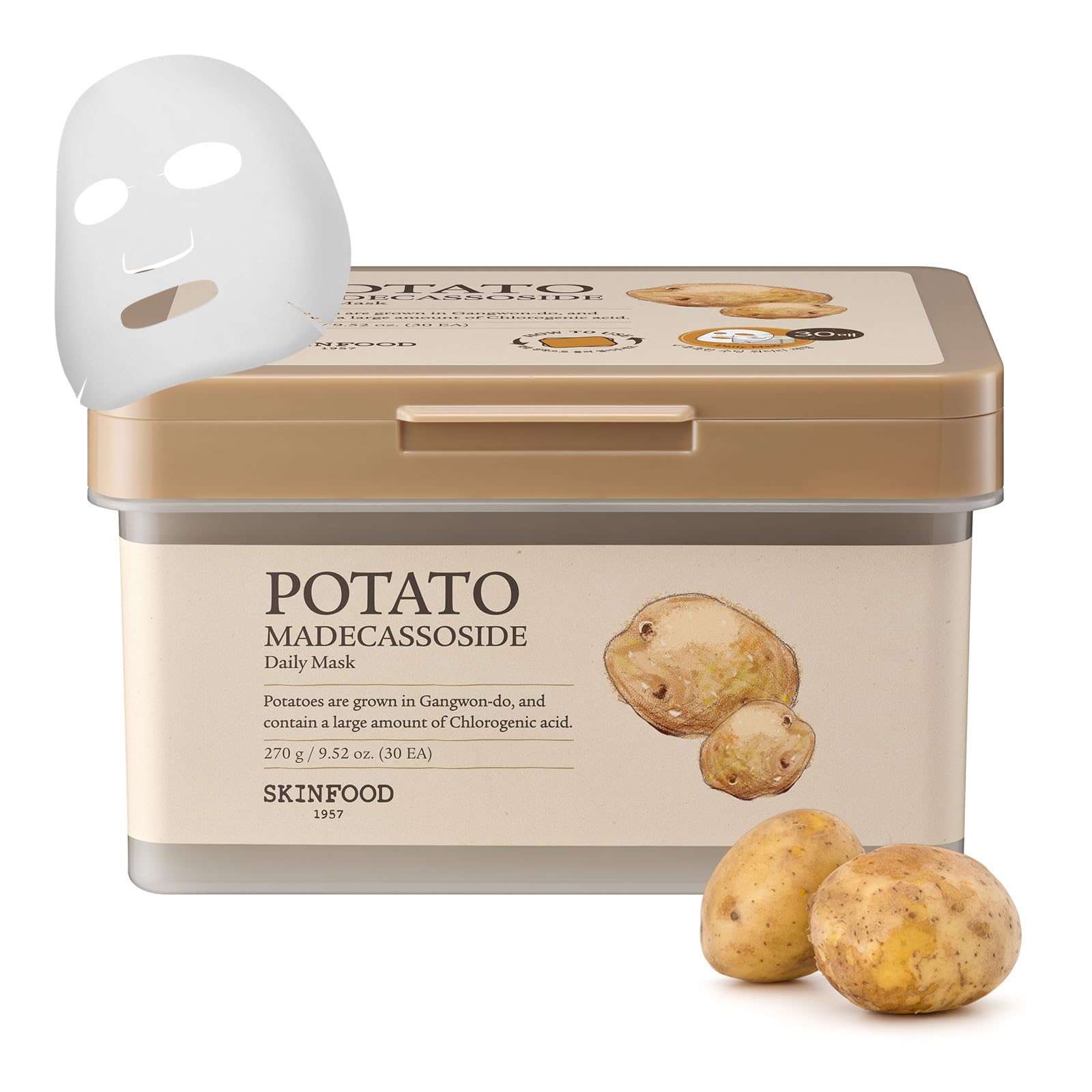 SKINFOOD Potato Madecassoside Daily Sheet Mask | Soothing Hydration, 30ea Bulk Pack
