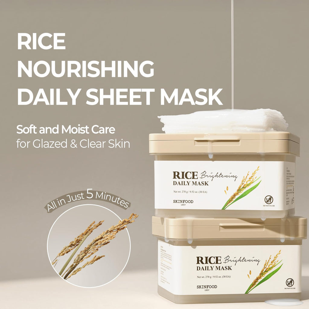 SKINFOOD Rice Daily Sheet Mask | 5-Minute Hydration, Firming & Glass Skin (Bulk Pack 30)