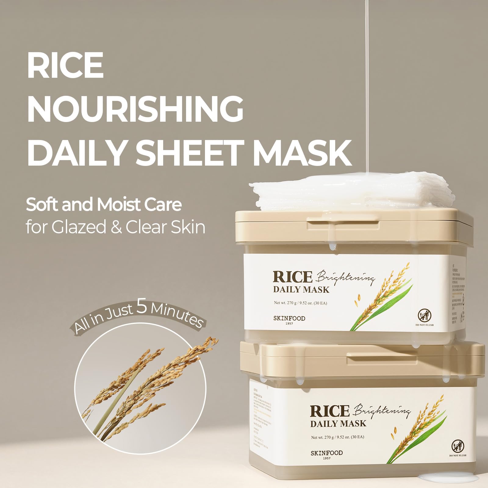 SKINFOOD Rice Daily Sheet Mask | 5-Minute Hydration, Firming & Glass Skin (Bulk Pack 30)