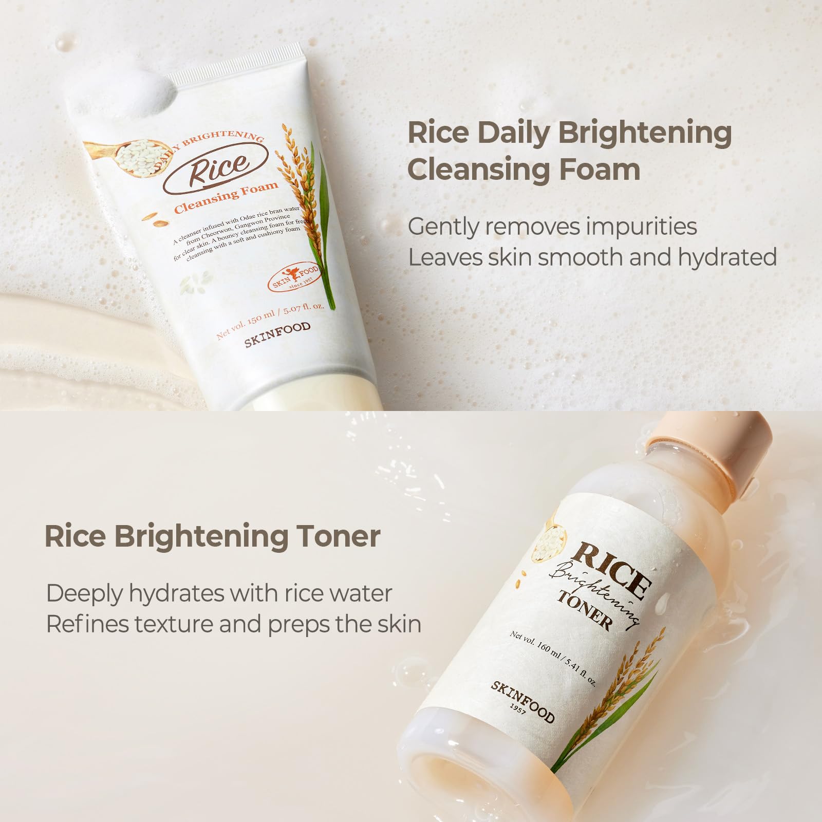 SKINFOOD 1957 Rice Starter Kit — Rice Cleanser, Toner, Serum & Moisturizer for Glass Skin