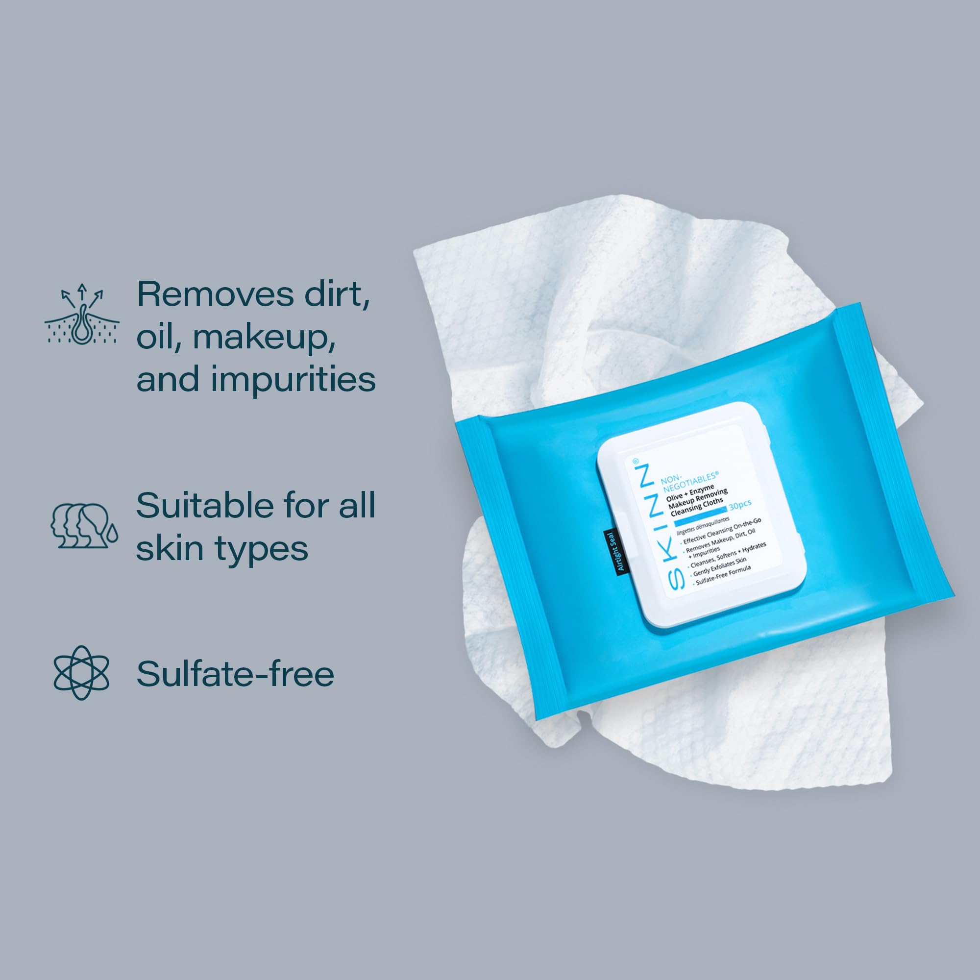 SKINN Facial Cleansing Makeup Remover Wipes | Hydrating Exfoliating Cloths