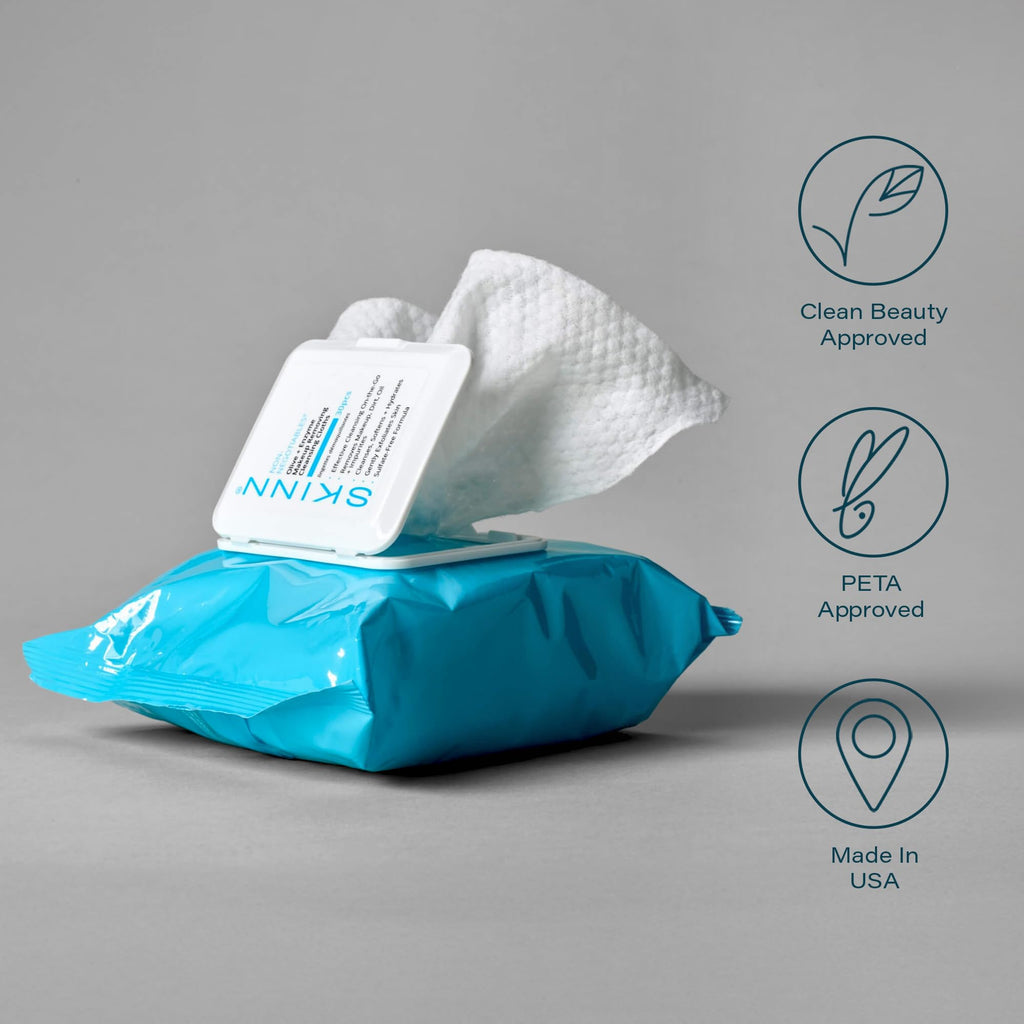 SKINN Facial Cleansing Makeup Remover Wipes | Hydrating Exfoliating Cloths