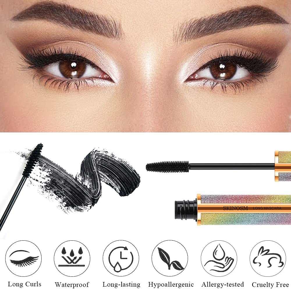 SKINOSM 2 Pack Black Volume & Length Mascara – 4D Silk Fiber, Waterproof, No Clumping