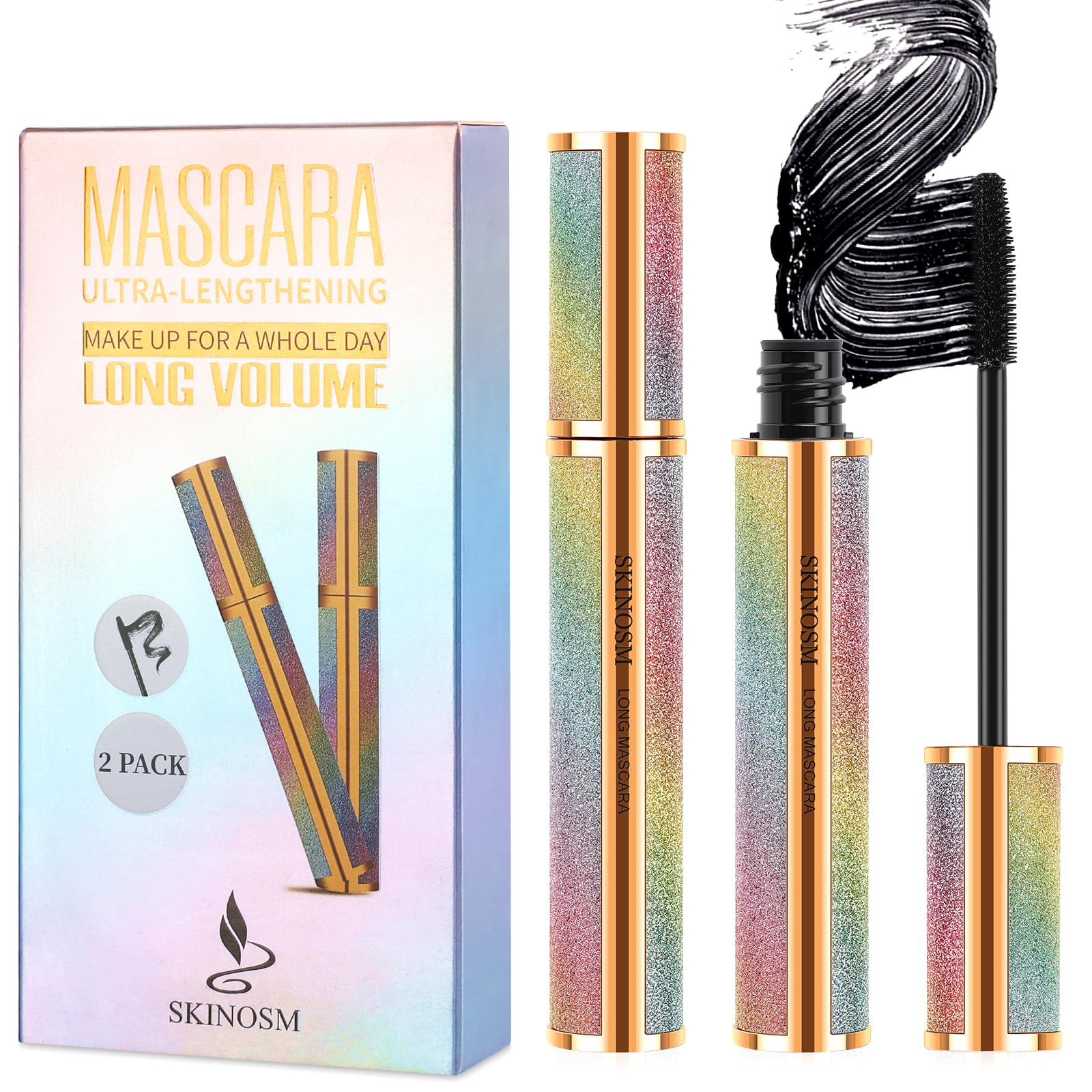 SKINOSM 2 Pack Black Volume & Length Mascara – 4D Silk Fiber, Waterproof, No Clumping