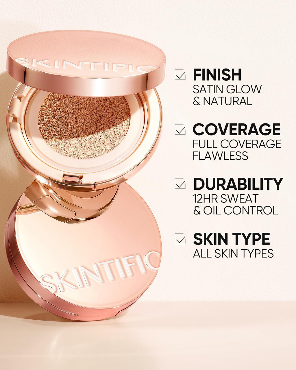 SKINTIFIC Cushion Foundation | Full Coverage, Weightless Feel, Satin Glow Finish, Sweatproof & Oil-Control