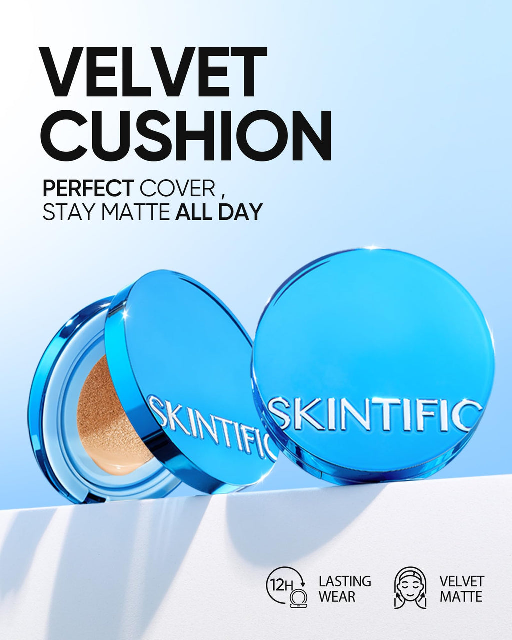 SKINTIFIC Velvet Matte Cushion Foundation Blue 03 Petal – Full Coverage, 12H Oil Control, Waterproof